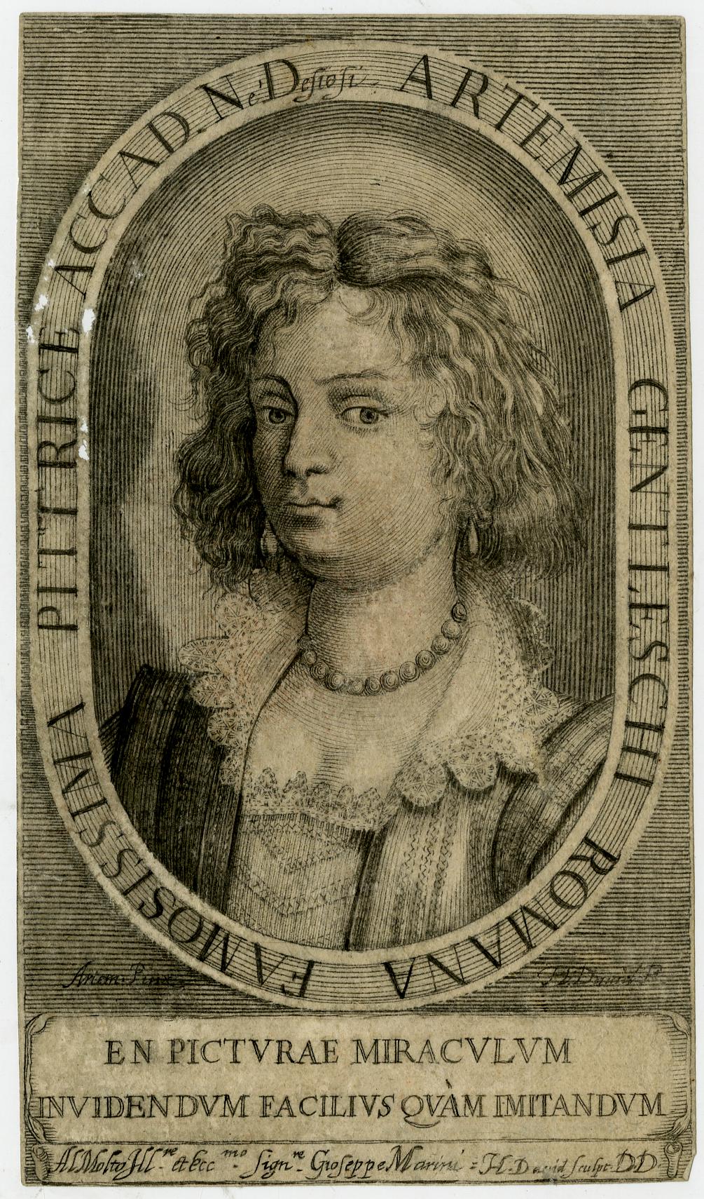 Jerome David portrait engraving of Artemisia Gentileschi after a self-portrait